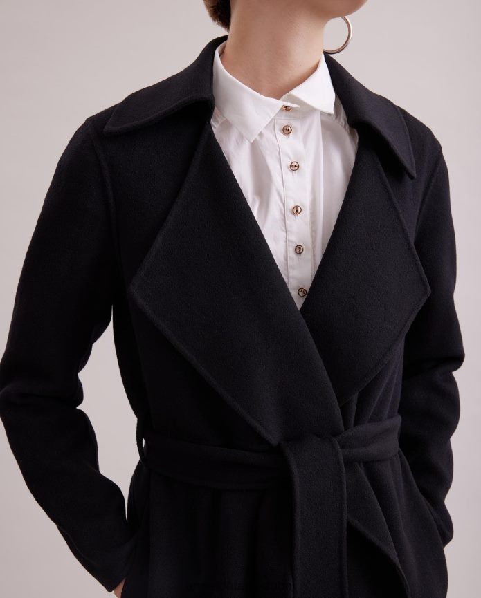 ملابس عبد اللطيف Anne Fontaine نحيف معطف delacroix معطف من خليط الصوف مفتوح بحزام مع طية صدر كبيرة أسود T622DL433