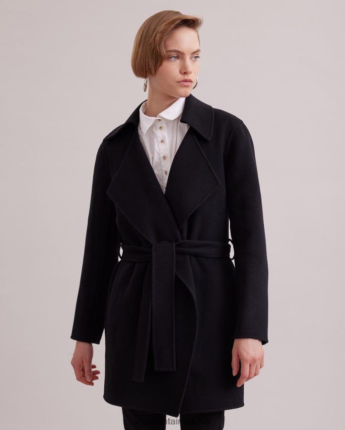 ملابس عبد اللطيف Anne Fontaine نحيف معطف delacroix معطف من خليط الصوف مفتوح بحزام مع طية صدر كبيرة أسود T622DL433