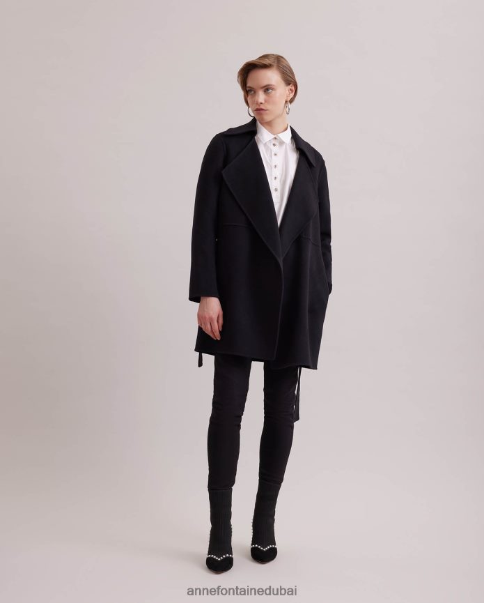ملابس عبد اللطيف Anne Fontaine نحيف معطف delacroix معطف من خليط الصوف مفتوح بحزام مع طية صدر كبيرة أسود T622DL433