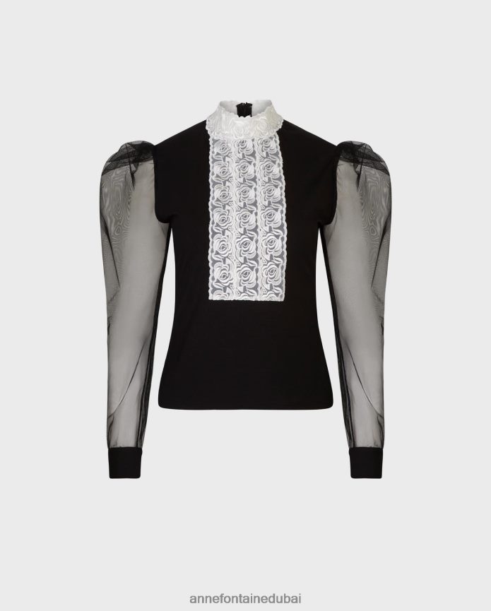 ملابس عبد اللطيف Anne Fontaine نحيف سترة علوية من epopee برقبة وهمية مع شريط أمامي مزين بشريط في المنتصف وأكمام شفافة ضخمة أسود T622DL290