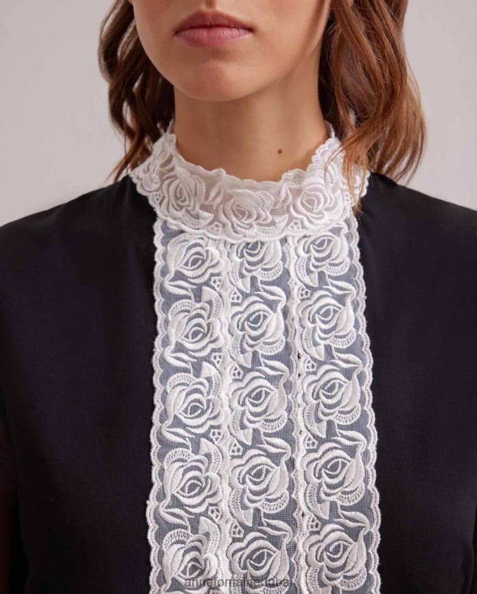 ملابس عبد اللطيف Anne Fontaine نحيف سترة علوية من epopee برقبة وهمية مع شريط أمامي مزين بشريط في المنتصف وأكمام شفافة ضخمة أسود T622DL290