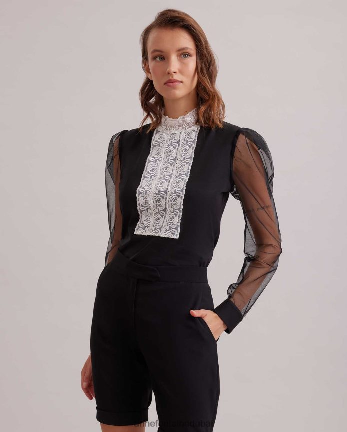 ملابس عبد اللطيف Anne Fontaine نحيف سترة علوية من epopee برقبة وهمية مع شريط أمامي مزين بشريط في المنتصف وأكمام شفافة ضخمة أسود T622DL290