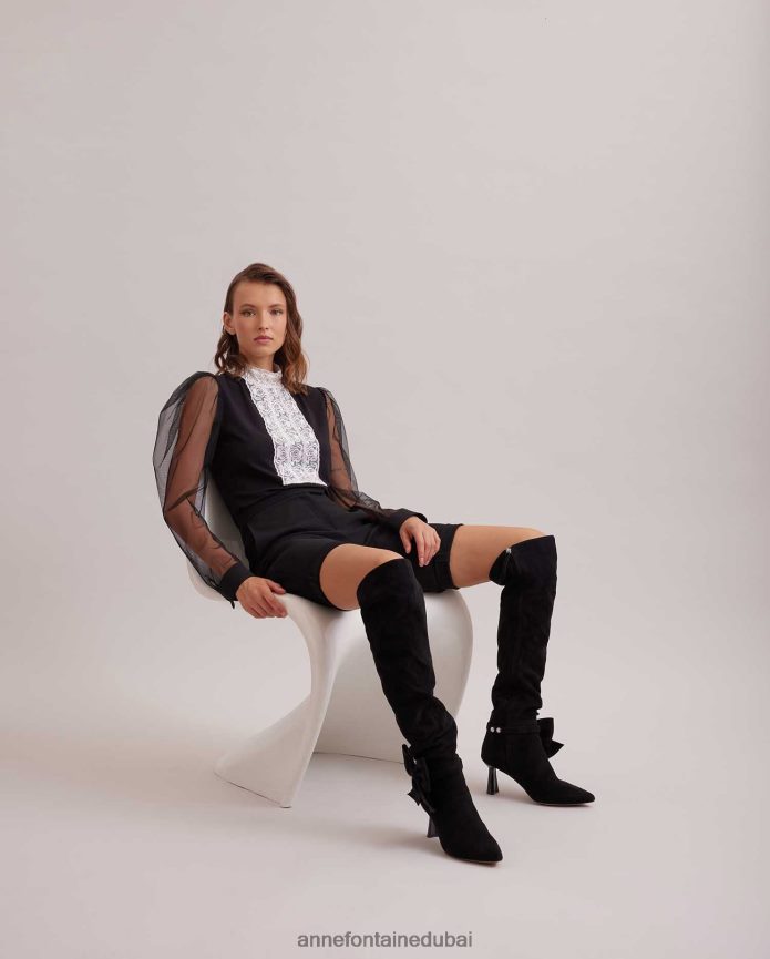 ملابس عبد اللطيف Anne Fontaine نحيف سترة علوية من epopee برقبة وهمية مع شريط أمامي مزين بشريط في المنتصف وأكمام شفافة ضخمة أسود T622DL290