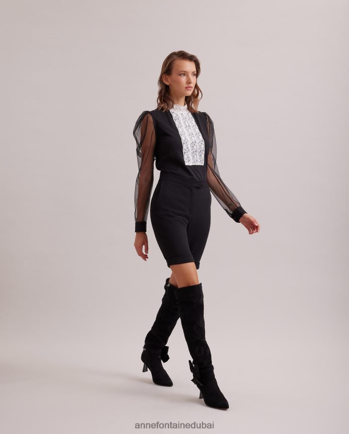 ملابس عبد اللطيف Anne Fontaine نحيف سترة علوية من epopee برقبة وهمية مع شريط أمامي مزين بشريط في المنتصف وأكمام شفافة ضخمة أسود T622DL290