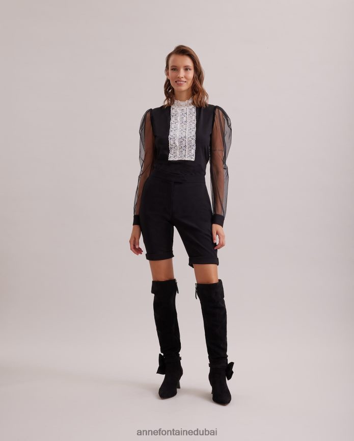 ملابس عبد اللطيف Anne Fontaine نحيف سترة علوية من epopee برقبة وهمية مع شريط أمامي مزين بشريط في المنتصف وأكمام شفافة ضخمة أسود T622DL290