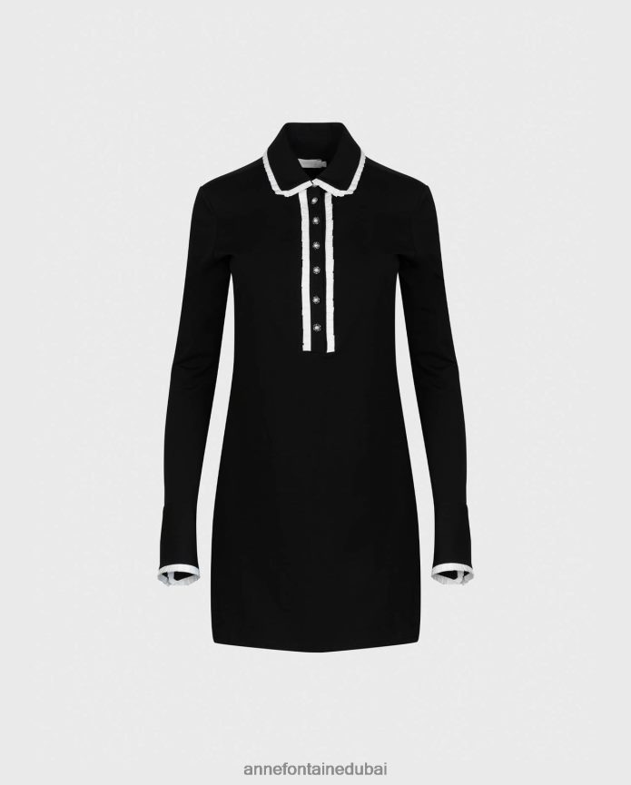 ملابس عبد اللطيف Anne Fontaine نحيف فستان estampe بأكمام طويلة يتميز بياقة كلاسيكية ونصف فتحة مع حواف مطوية أسود T622DL99