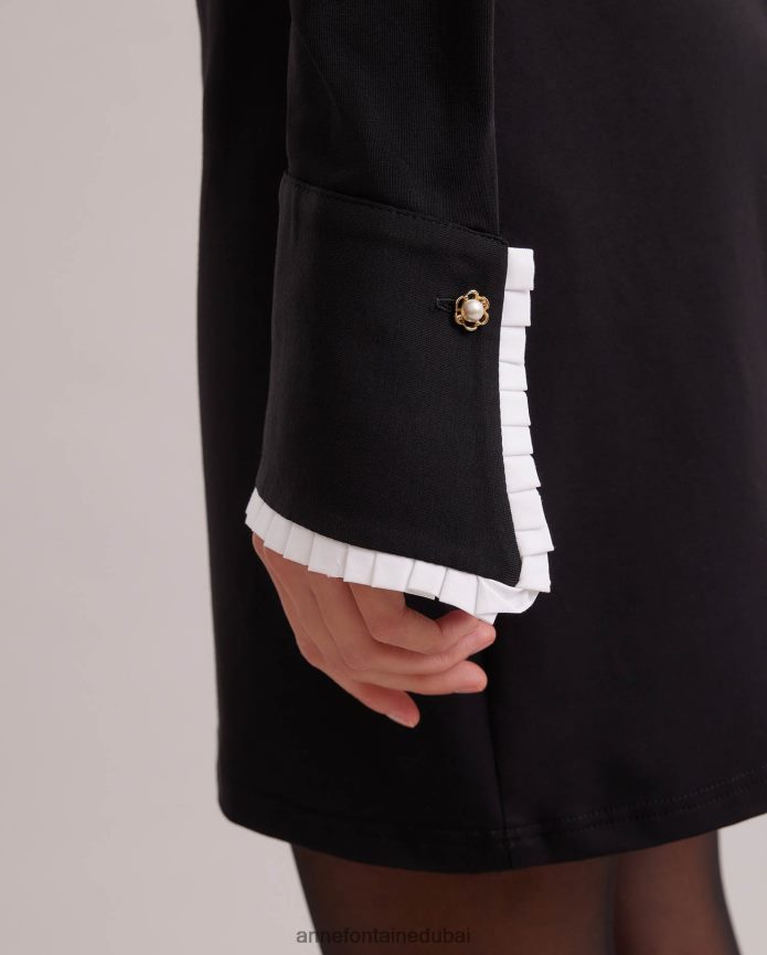 ملابس عبد اللطيف Anne Fontaine نحيف فستان estampe بأكمام طويلة يتميز بياقة كلاسيكية ونصف فتحة مع حواف مطوية أسود T622DL99