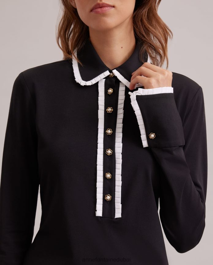 ملابس عبد اللطيف Anne Fontaine نحيف فستان estampe بأكمام طويلة يتميز بياقة كلاسيكية ونصف فتحة مع حواف مطوية أسود T622DL99