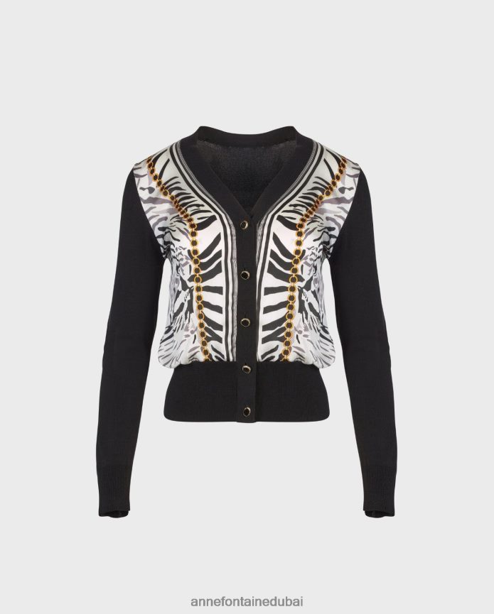 ملابس عبد اللطيف Anne Fontaine نحيف سترة garoupe منسوجة من الحرير مع تصميم حمار وحشي أسود/أبيض T622DL468