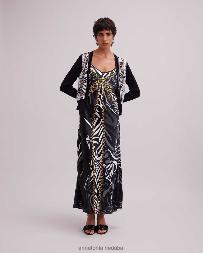 ملابس عبد اللطيف Anne Fontaine نحيف سترة garoupe منسوجة من الحرير مع تصميم حمار وحشي أسود/أبيض T622DL468