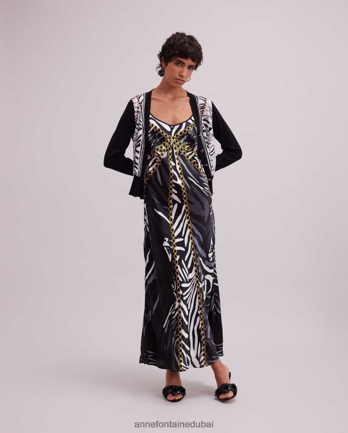 ملابس عبد اللطيف Anne Fontaine نحيف سترة garoupe منسوجة من الحرير مع تصميم حمار وحشي أسود/أبيض T622DL468