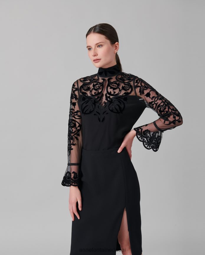 ملابس عبد اللطيف Anne Fontaine نحيف بلوزة حريرية loeky مع نير وأكمام شفافة أسود T622DL228