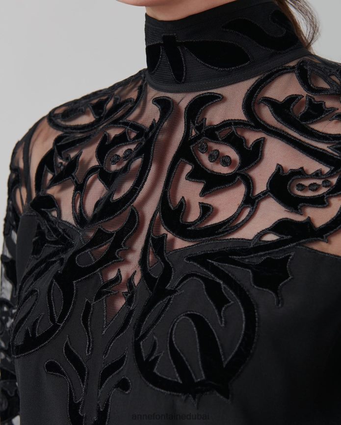 ملابس عبد اللطيف Anne Fontaine نحيف بلوزة حريرية loeky مع نير وأكمام شفافة أسود T622DL228