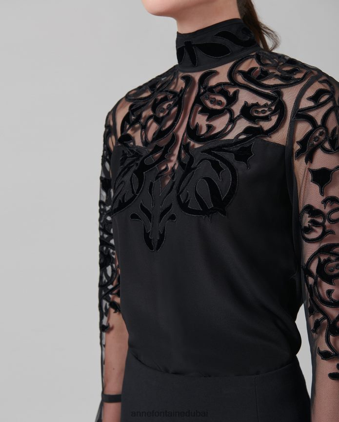 ملابس عبد اللطيف Anne Fontaine نحيف بلوزة حريرية loeky مع نير وأكمام شفافة أسود T622DL228