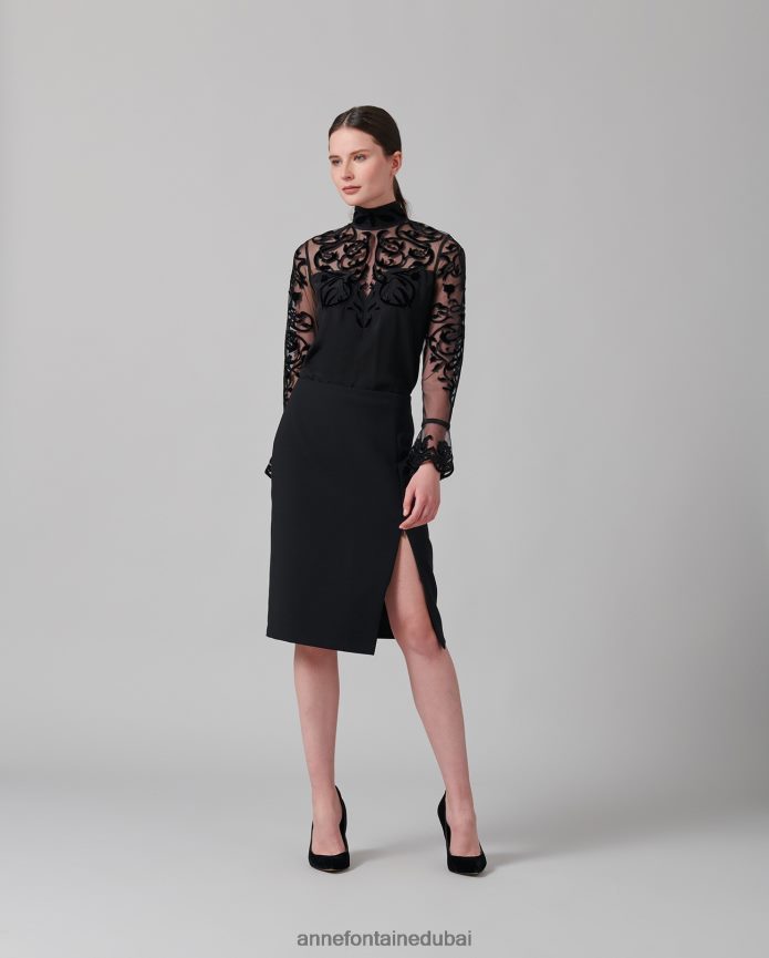 ملابس عبد اللطيف Anne Fontaine نحيف بلوزة حريرية loeky مع نير وأكمام شفافة أسود T622DL228