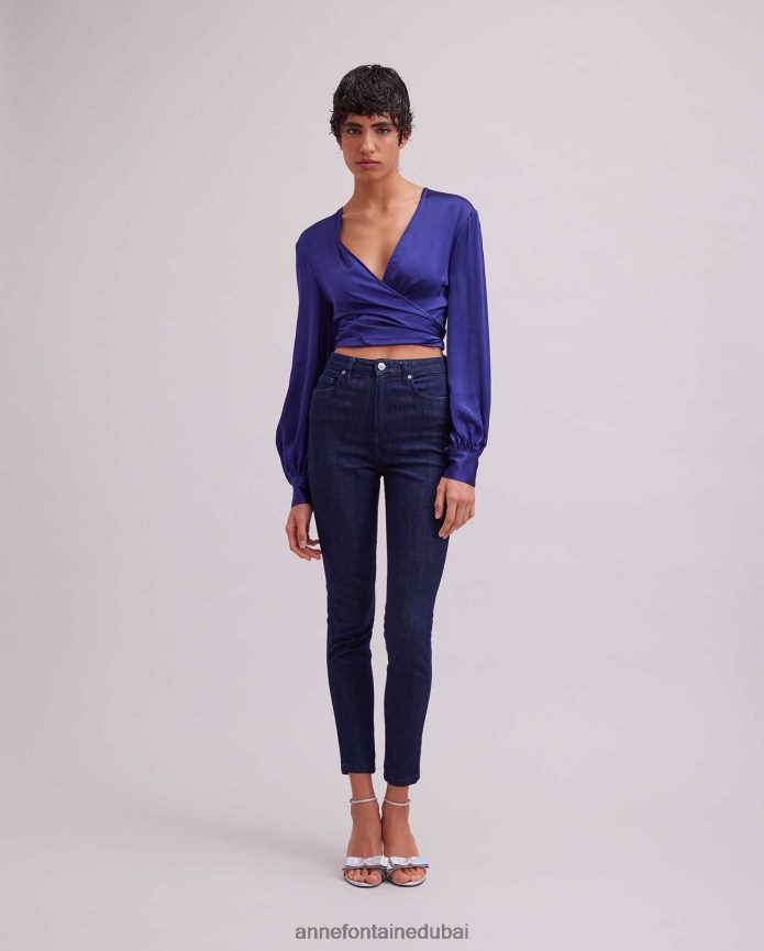 ملابس عبد اللطيف Anne Fontaine نحيف بلوزة من الساتان بأكمام طويلة مع حافة ربطة عنق من rosace أزرق T622DL155