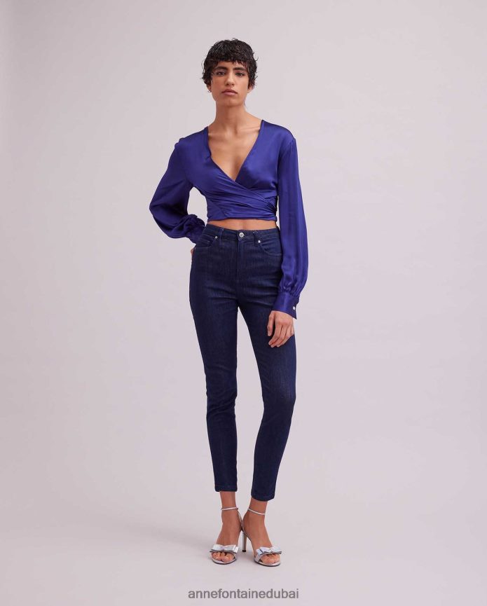 ملابس عبد اللطيف Anne Fontaine نحيف بلوزة من الساتان بأكمام طويلة مع حافة ربطة عنق من rosace أزرق T622DL155