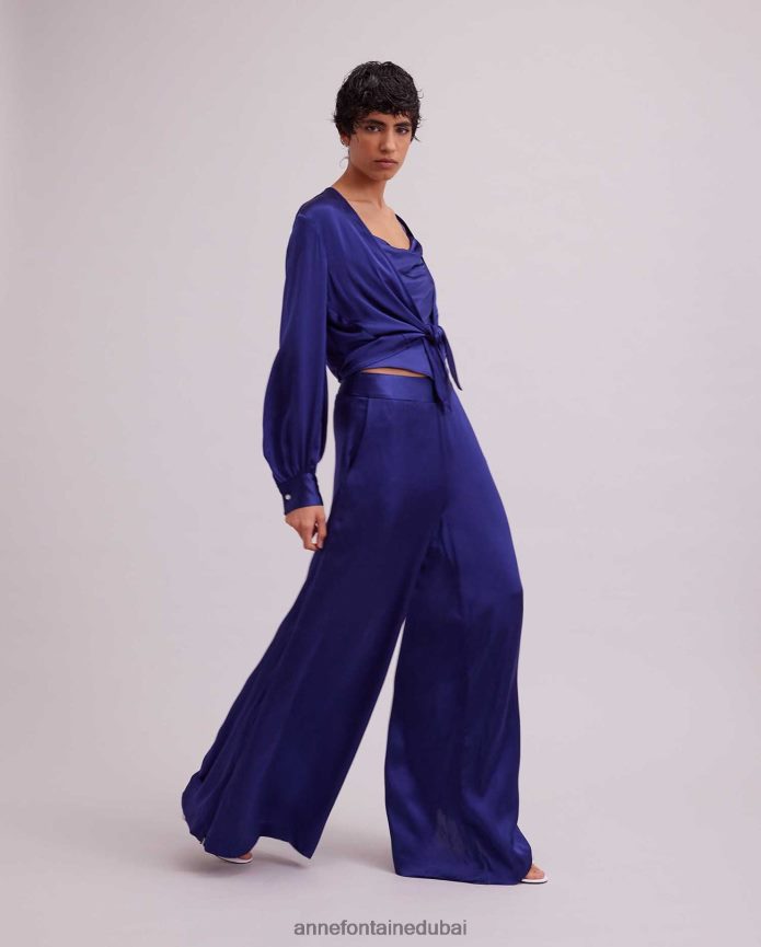 ملابس عبد اللطيف Anne Fontaine نحيف بلوزة من الساتان بأكمام طويلة مع حافة ربطة عنق من rosace أزرق T622DL155