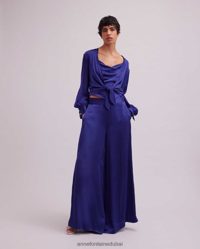 ملابس عبد اللطيف Anne Fontaine نحيف بلوزة من الساتان بأكمام طويلة مع حافة ربطة عنق من rosace أزرق T622DL155