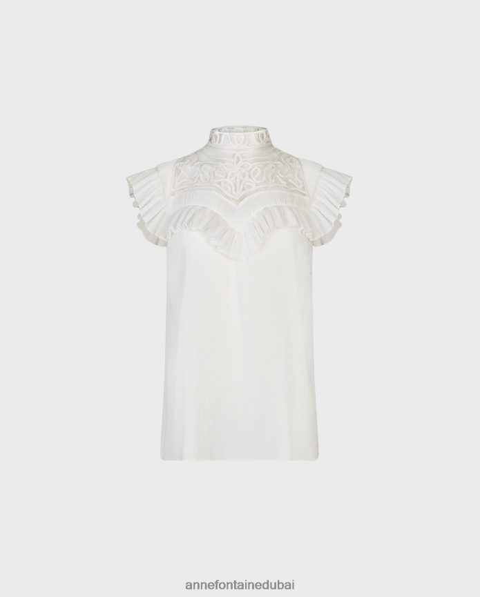 ملابس عبد اللطيف Anne Fontaine نحيف بلوزة velucia بدون أكمام بتصميم عمل رقيق ومفتوح أبيض T622DL235