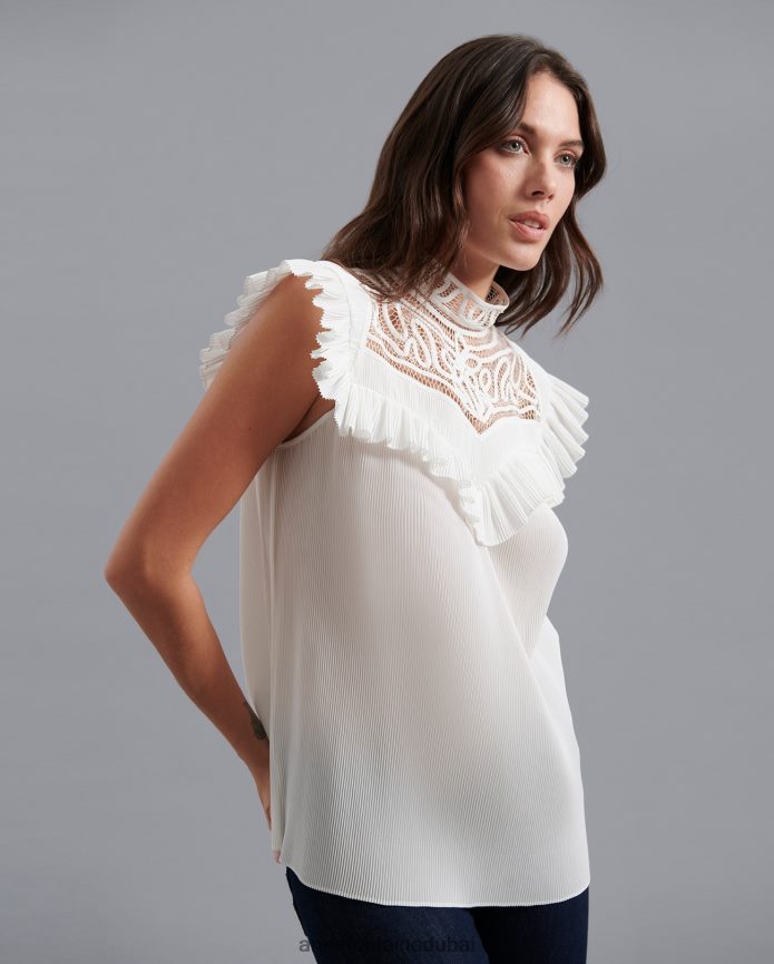 ملابس عبد اللطيف Anne Fontaine نحيف بلوزة velucia بدون أكمام بتصميم عمل رقيق ومفتوح أبيض T622DL235