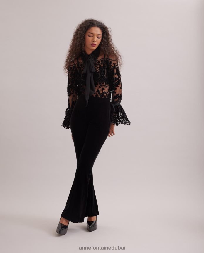ملابس عبد اللطيف Anne Fontaine نحيف بنطال vic واسع الخصر ومطاط أسود T622DL365