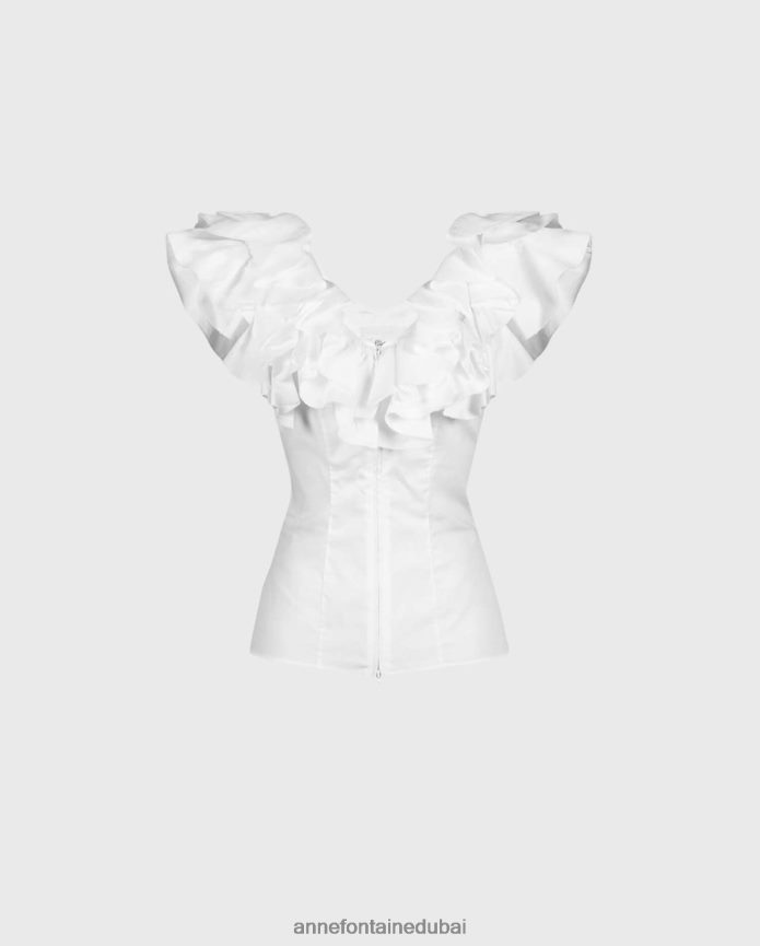 ملابس عبد اللطيف Anne Fontaine نحيف بلوزة vimera ذات هيكل علوي مع كشكشة متعددة الطبقات أبيض T622DL191