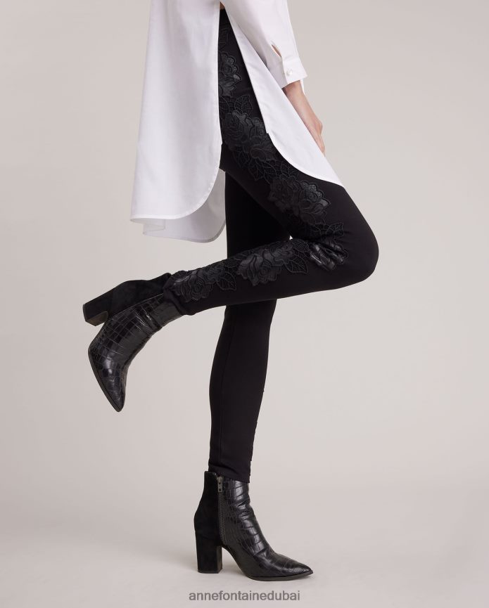 ملابس عبد اللطيف Anne Fontaine نحيف بنطال vonya بطول كامل مع زخارف وردية عمودية أسود T622DL382